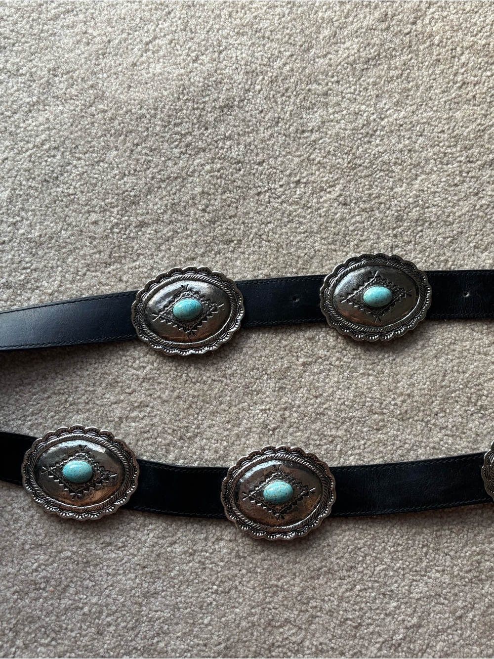 R.J. Graziano Black Leather Belt with Turquoise Conchos